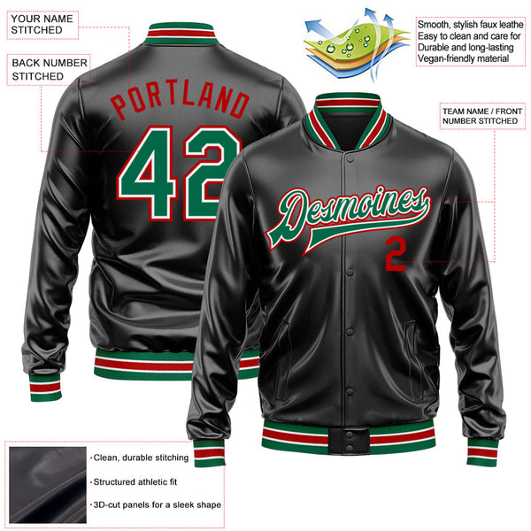 Custom Black Kelly Green-Red Bomber Full-Snap Varsity Faux Leather Letterman Jacket alternate