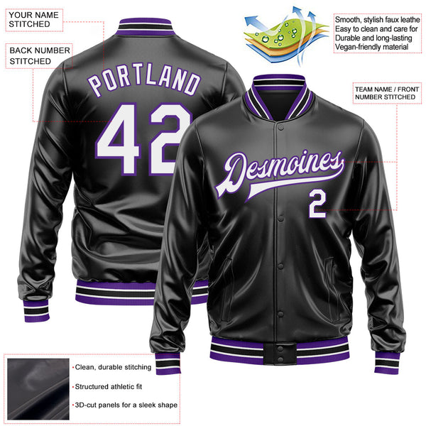 Custom Black White-Purple Bomber Full-Snap Varsity Faux Leather Letterman Jacket alternate