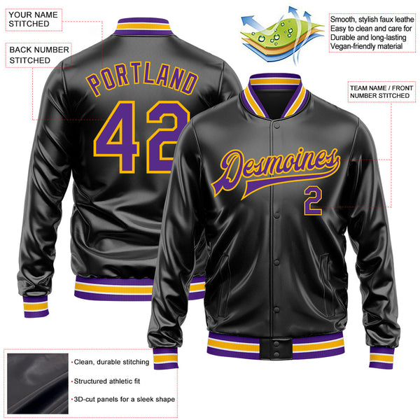 Custom Black Purple-Gold Bomber Full-Snap Varsity Faux Leather Letterman Jacket alternate