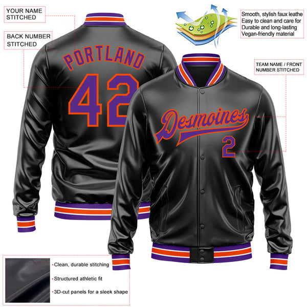 Custom Black Purple-Orange Bomber Full-Snap Varsity Faux Leather Letterman Jacket alternate
