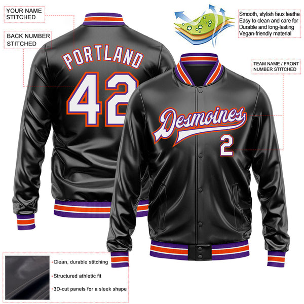 Custom Black White-Purple Bomber Full-Snap Varsity Faux Leather Letterman Jacket alternate