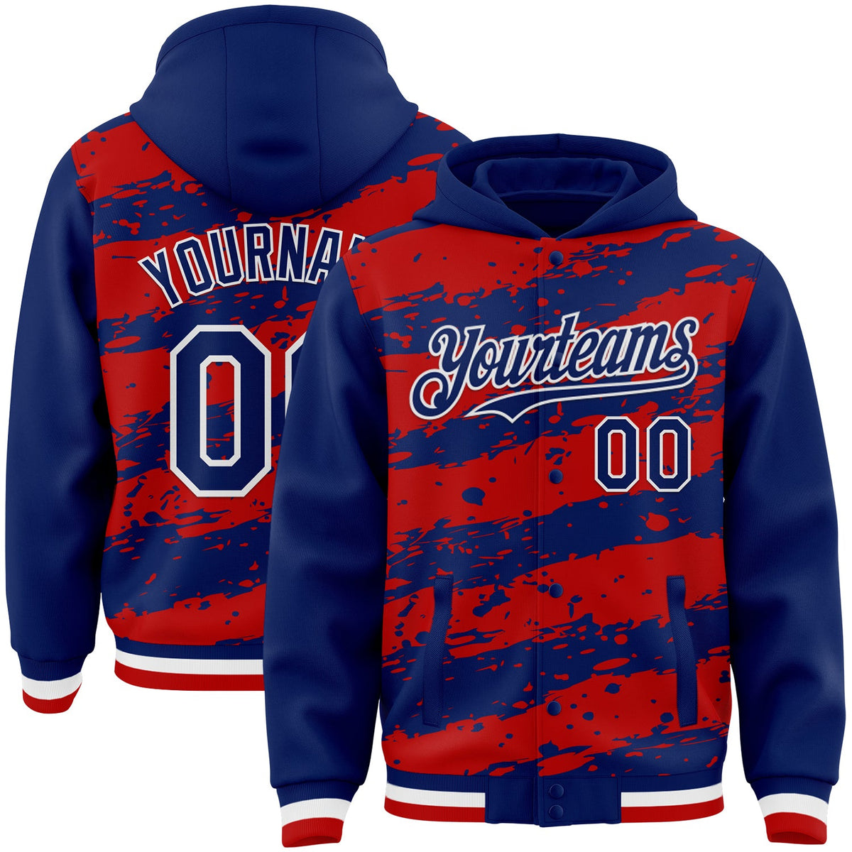 Custom Red Royal-White Splash 3D Pattern Design Bomber Full-Snap Varsity Letterman Hoodie Jacket
