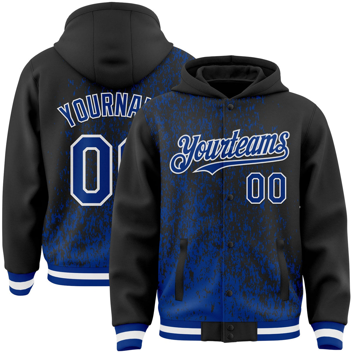 Custom Black Royal-White Abstract Fragment Art 3D Pattern Design Bomber Full-Snap Varsity Letterman Hoodie Jacket