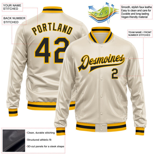 Custom Cream Black-Gold Bomber Full-Snap Varsity Faux Leather Letterman Jacket alternate