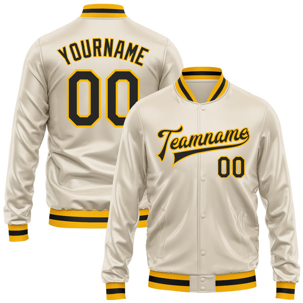Custom Cream Black-Gold Bomber Full-Snap Varsity Faux Leather Letterman Jacket