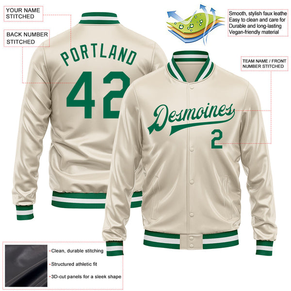 Custom Cream Kelly Green Bomber Full-Snap Varsity Faux Leather Letterman Jacket alternate