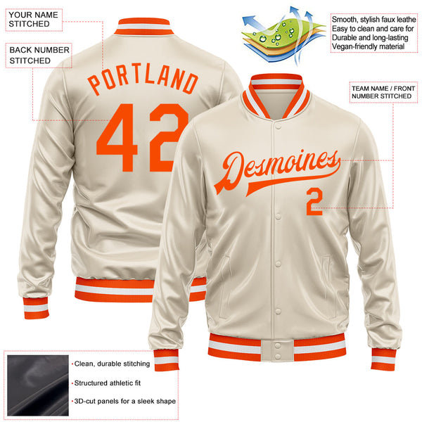 Custom Cream Orange Bomber Full-Snap Varsity Faux Leather Letterman Jacket alternate