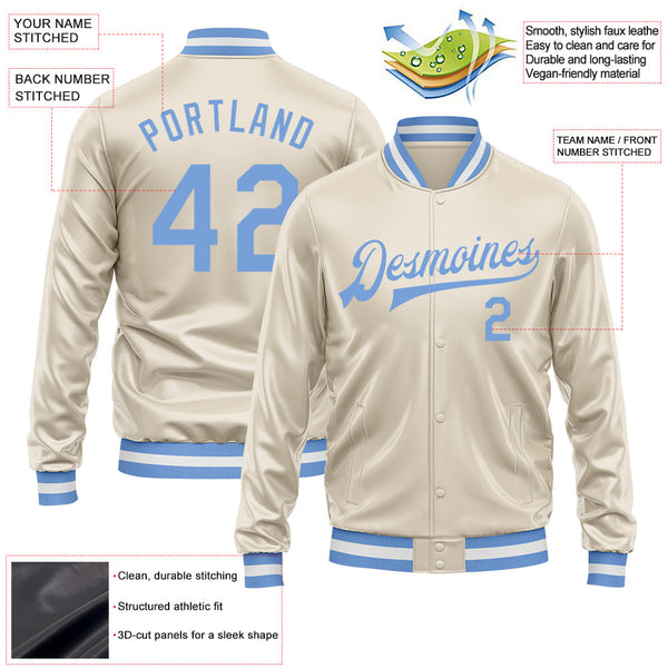 Custom Cream Light Blue Bomber Full-Snap Varsity Faux Leather Letterman Jacket alternate