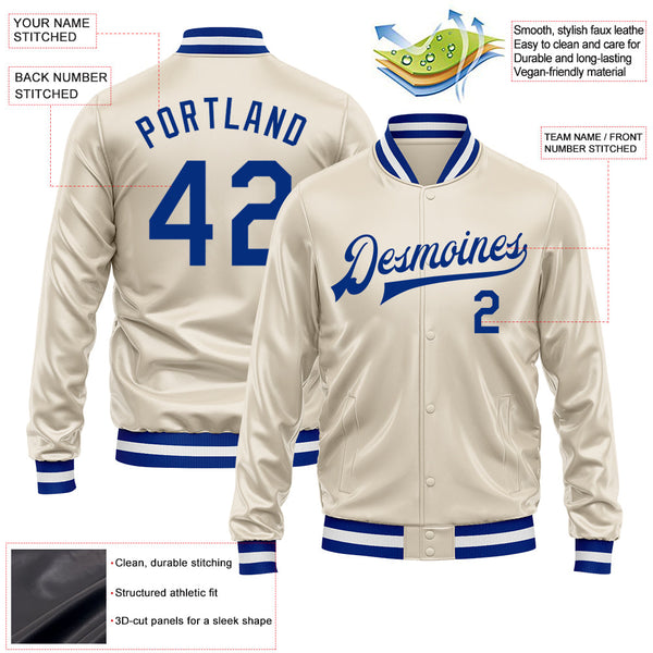 Custom Cream Royal Bomber Full-Snap Varsity Faux Leather Letterman Jacket alternate