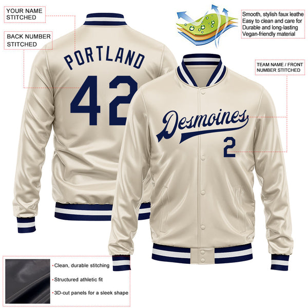 Custom Cream Navy Bomber Full-Snap Varsity Faux Leather Letterman Jacket alternate