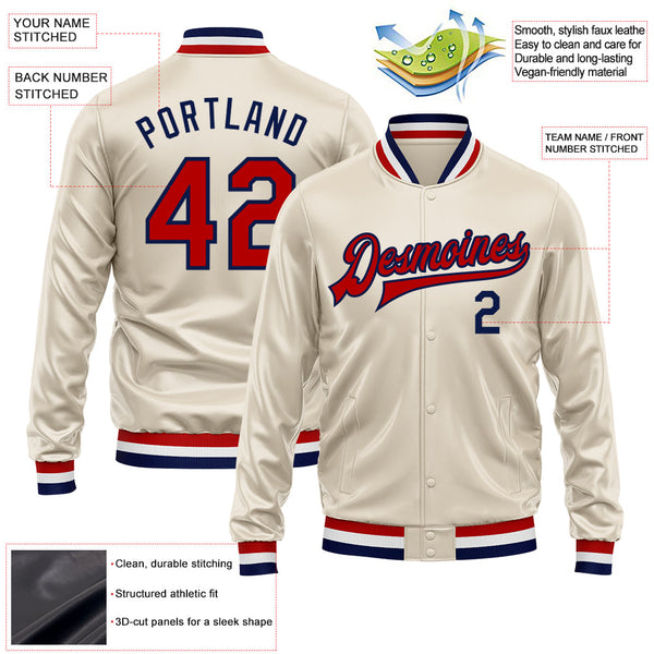 Custom Cream Red-Navy Bomber Full-Snap Varsity Faux Leather Letterman Jacket alternate