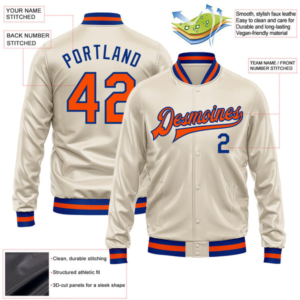 Custom Cream Orange-Royal Bomber Full-Snap Varsity Faux Leather Letterman Jacket alternate