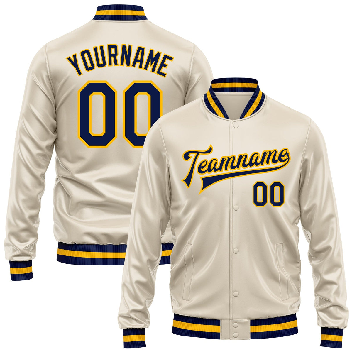 Custom Cream Navy-Gold Bomber Full-Snap Varsity Faux Leather Letterman Jacket
