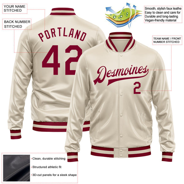 Custom Cream Maroon Bomber Full-Snap Varsity Faux Leather Letterman Jacket alternate