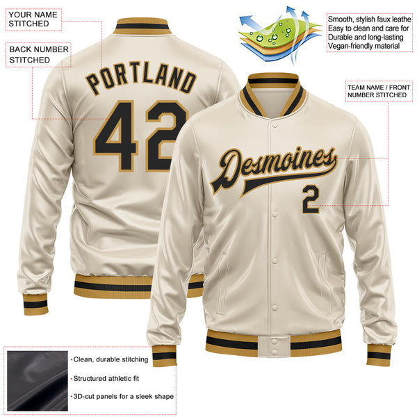 Custom Cream Black-Old Gold Bomber Full-Snap Varsity Faux Leather Letterman Jacket alternate