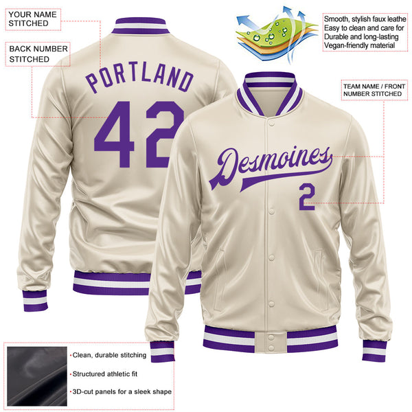Custom Cream Purple Bomber Full-Snap Varsity Faux Leather Letterman Jacket alternate