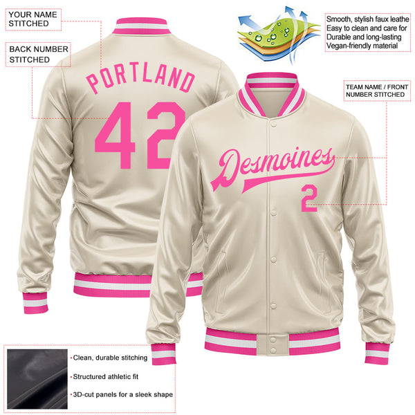 Custom Cream Pink Bomber Full-Snap Varsity Faux Leather Letterman Jacket alternate