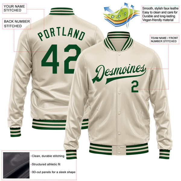 Custom Cream Green Bomber Full-Snap Varsity Faux Leather Letterman Jacket alternate
