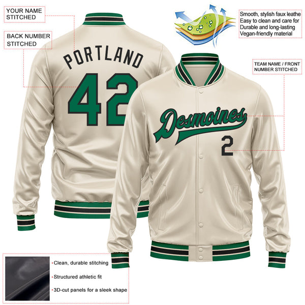 Custom Cream Kelly Green-Black Bomber Full-Snap Varsity Faux Leather Letterman Jacket alternate