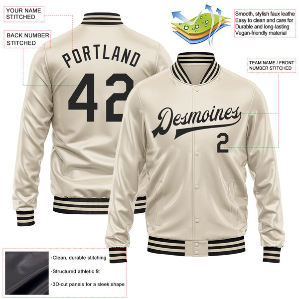 Custom Cream Black Bomber Full-Snap Varsity Faux Leather Letterman Jacket alternate