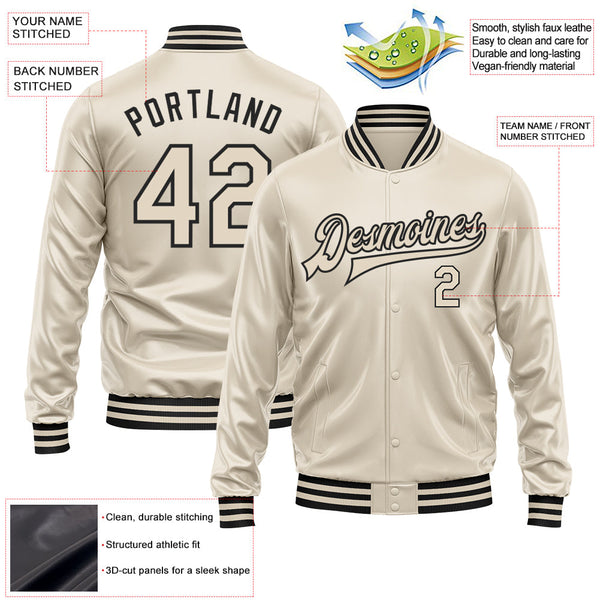 Custom Cream Cream-Black Bomber Full-Snap Varsity Faux Leather Letterman Jacket alternate