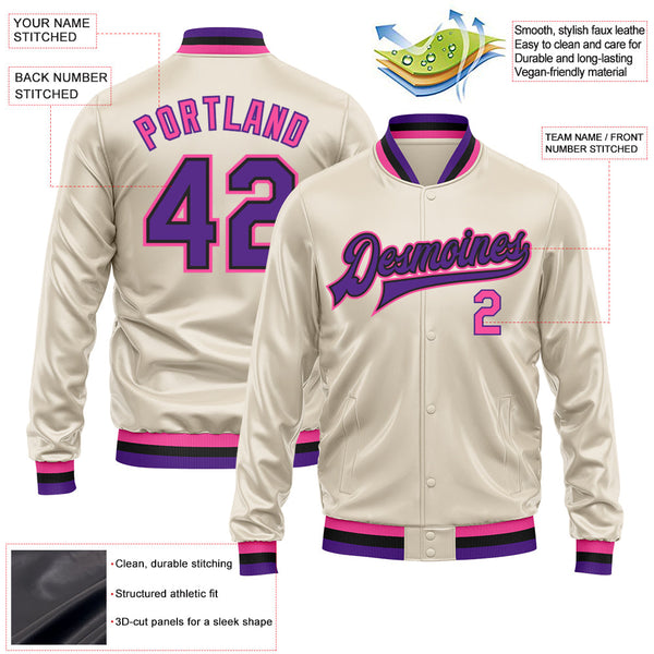 Custom Cream Purple Pink-Black Bomber Full-Snap Varsity Faux Leather Letterman Jacket alternate