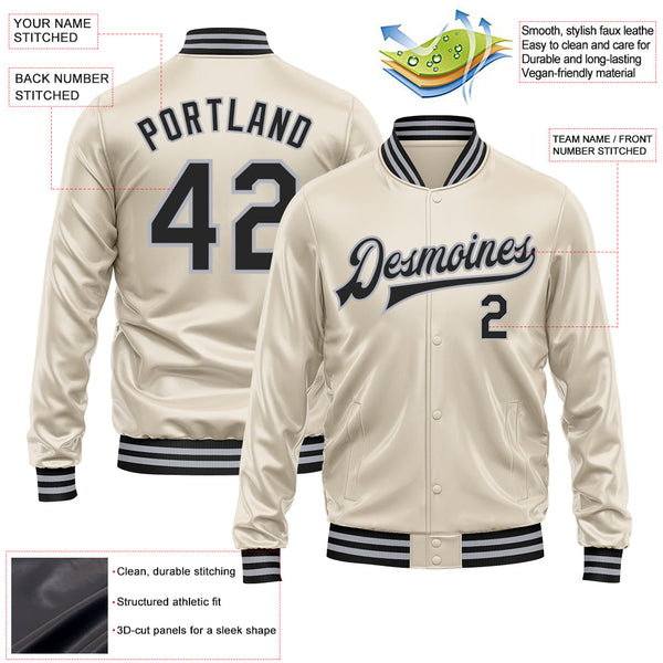 Custom Cream Black-Gray Bomber Full-Snap Varsity Faux Leather Letterman Jacket alternate