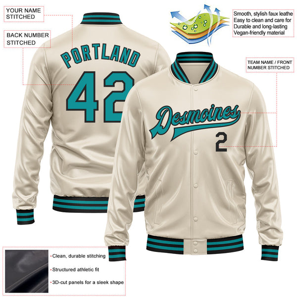 Custom Cream Teal-Black Bomber Full-Snap Varsity Faux Leather Letterman Jacket alternate