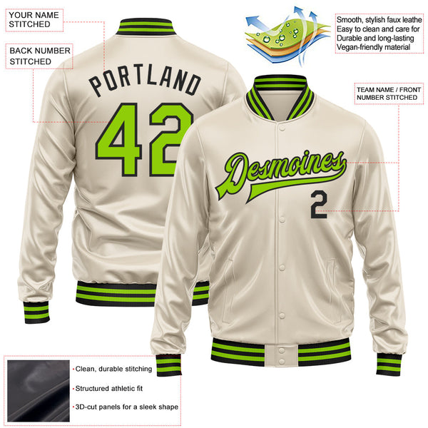 Custom Cream Neon Green-Black Bomber Full-Snap Varsity Faux Leather Letterman Jacket alternate