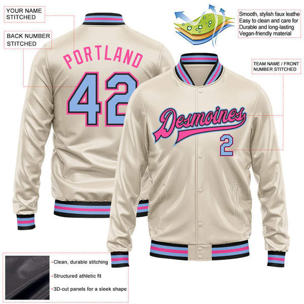 Custom Cream Light Blue Pink-Black Bomber Full-Snap Varsity Faux Leather Letterman Jacket alternate
