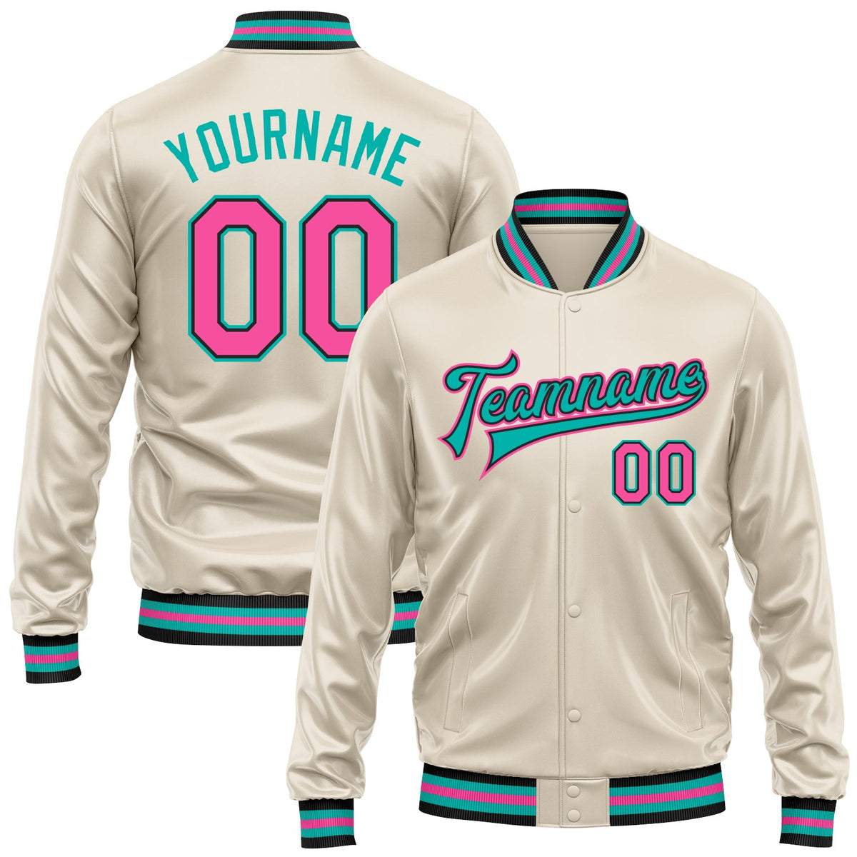 Custom Cream Pink Aqua-Black Bomber Full-Snap Varsity Faux Leather Letterman Jacket
