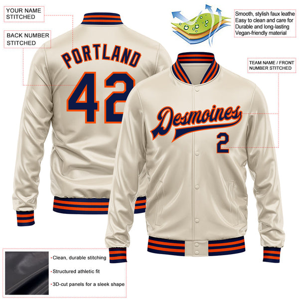 Custom Cream Navy-Orange Bomber Full-Snap Varsity Faux Leather Letterman Jacket alternate