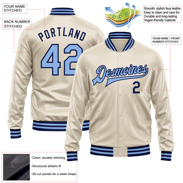 Custom Cream Light Blue-Navy Bomber Full-Snap Varsity Faux Leather Letterman Jacket alternate