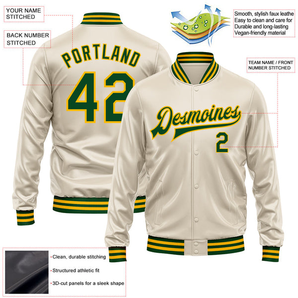 Custom Cream Green-Gold Bomber Full-Snap Varsity Faux Leather Letterman Jacket alternate