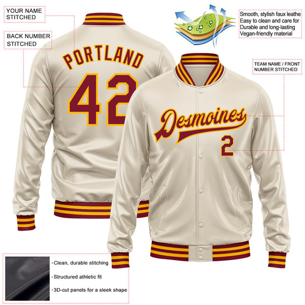 Custom Cream Crimson-Gold Bomber Full-Snap Varsity Faux Leather Letterman Jacket alternate