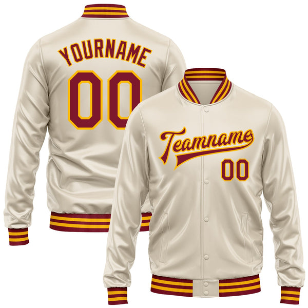 Custom Cream Crimson-Gold Bomber Full-Snap Varsity Faux Leather Letterman Jacket