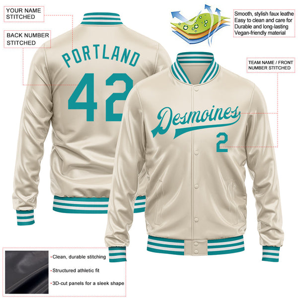 Custom Cream Teal Bomber Full-Snap Varsity Faux Leather Letterman Jacket alternate