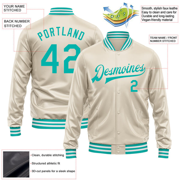 Custom Cream Aqua Bomber Full-Snap Varsity Faux Leather Letterman Jacket alternate