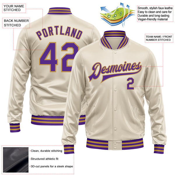 Custom Cream Purple-Old Gold Bomber Full-Snap Varsity Faux Leather Letterman Jacket alternate