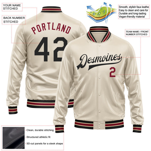 Custom Cream Black-Crimson Bomber Full-Snap Varsity Faux Leather Letterman Jacket alternate