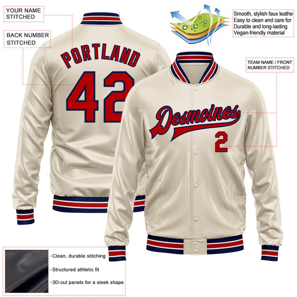 Custom Cream Red-Navy Bomber Full-Snap Varsity Faux Leather Letterman Jacket alternate