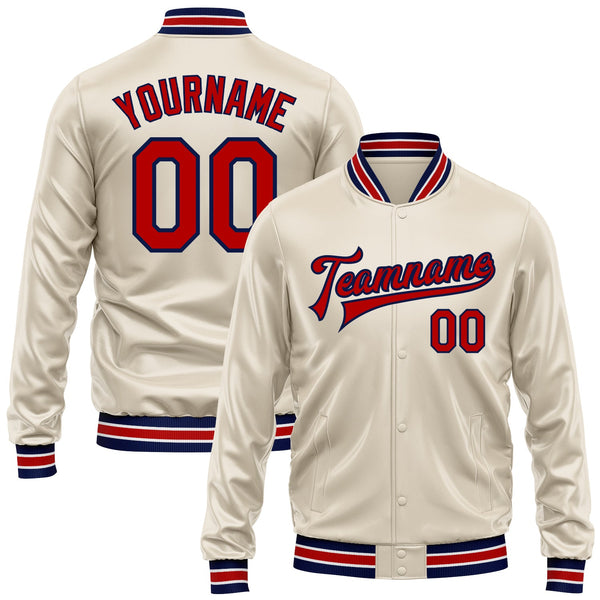 Custom Cream Red-Navy Bomber Full-Snap Varsity Faux Leather Letterman Jacket