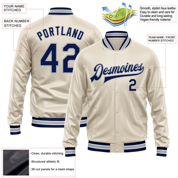 Custom Cream Navy-Gray Bomber Full-Snap Varsity Faux Leather Letterman Jacket alternate