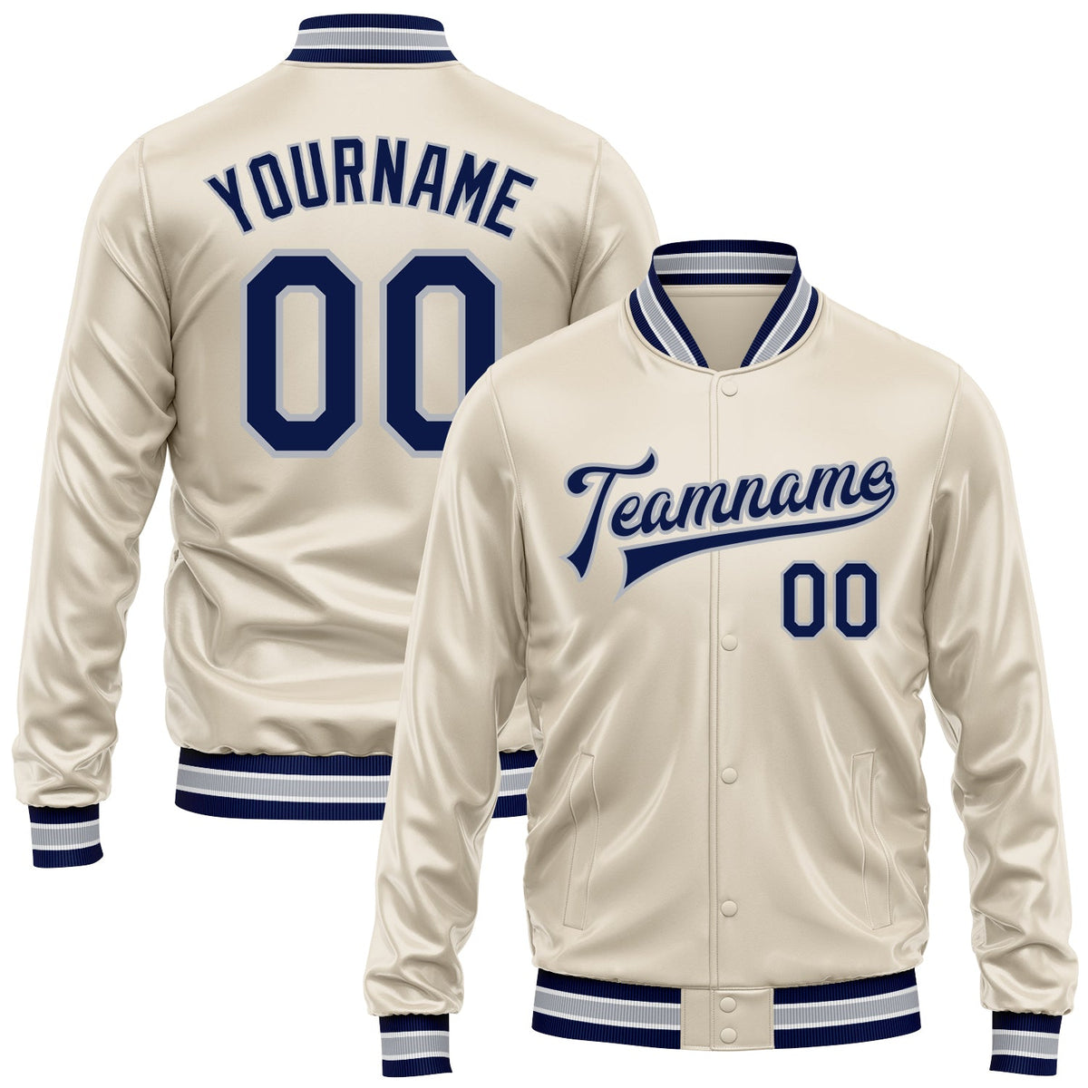 Custom Cream Navy-Gray Bomber Full-Snap Varsity Faux Leather Letterman Jacket
