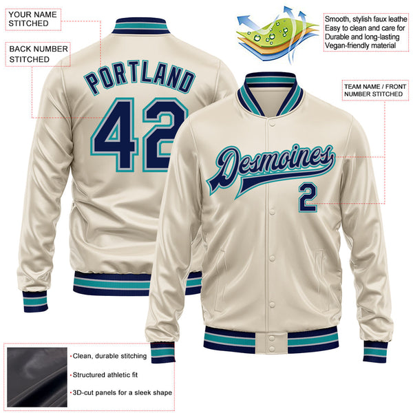 Custom Cream Navy Teal-Gray Bomber Full-Snap Varsity Faux Leather Letterman Jacket alternate