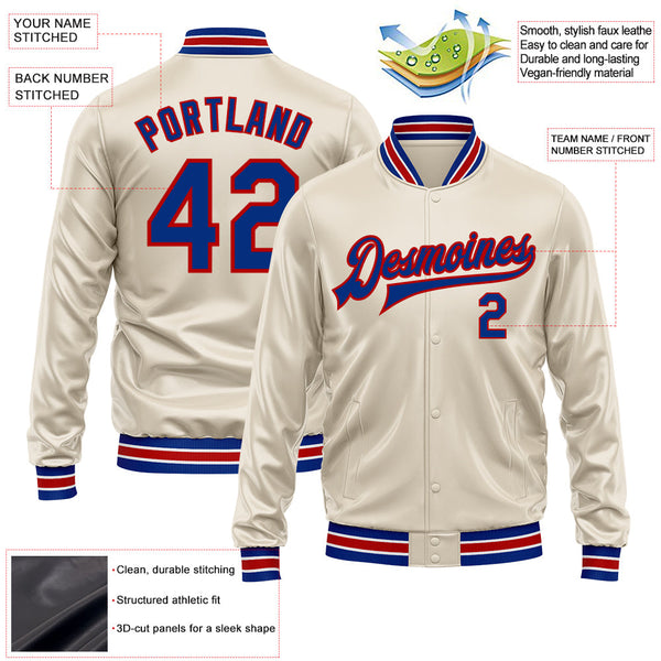 Custom Cream Royal-Red Bomber Full-Snap Varsity Faux Leather Letterman Jacket alternate