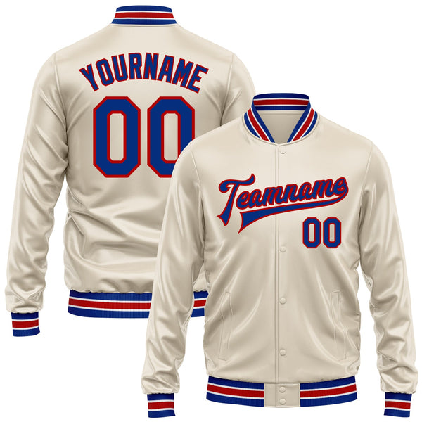 Custom Cream Royal-Red Bomber Full-Snap Varsity Faux Leather Letterman Jacket