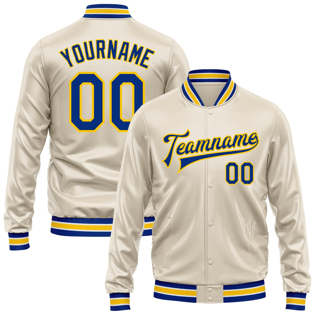 Custom Cream Royal-Yellow Bomber Full-Snap Varsity Faux Leather Letterman Jacket
