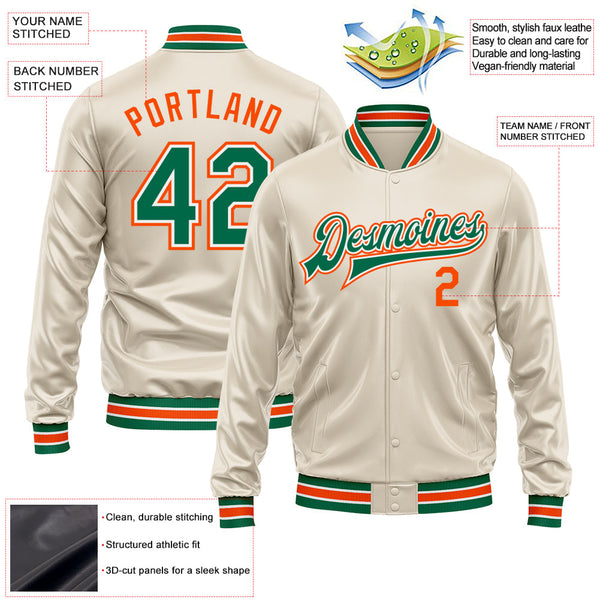 Custom Cream Kelly Green-Orange Bomber Full-Snap Varsity Faux Leather Letterman Jacket alternate