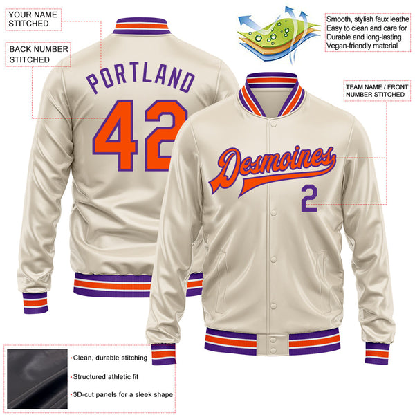 Custom Cream Orange-Purple Bomber Full-Snap Varsity Faux Leather Letterman Jacket alternate